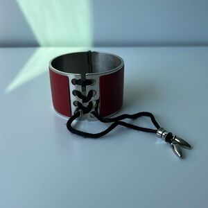 Adjustable red leather and silver hinged bracelet